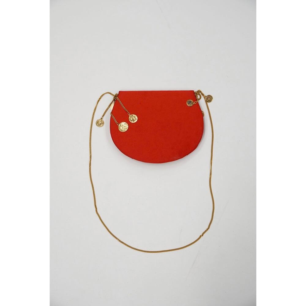 Christian Dior Vintage Red Satin Gold Coin Charm Chain Shoulder Bag - Picture 2 of 6